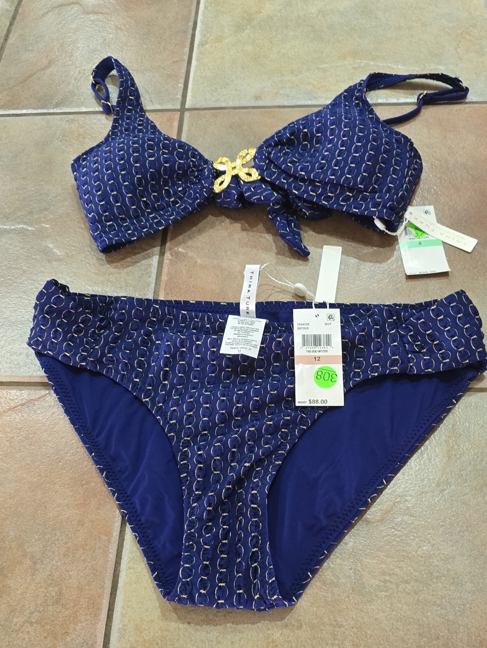 Trina Turk Navy Blue Ring-Print Bikini Set with Gold Accent Nwt